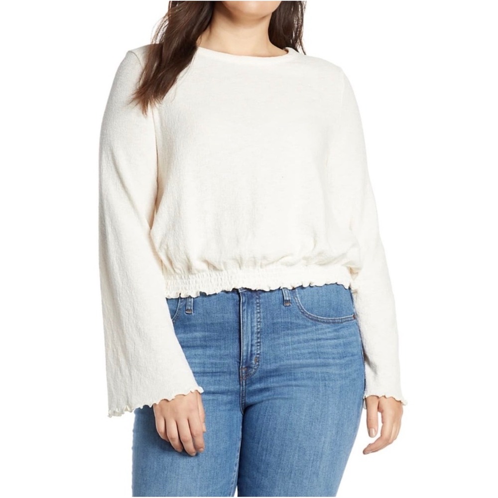 Madewell White Textured Cotton Smocked Crop Top Bell Sleeve Small